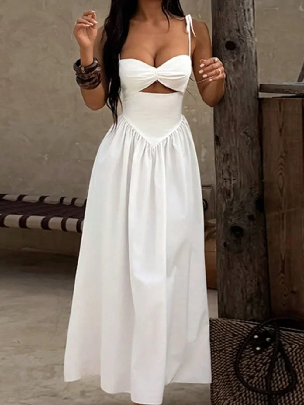 White Elegant Women's Strapless Waist Puff Sleeve Dress